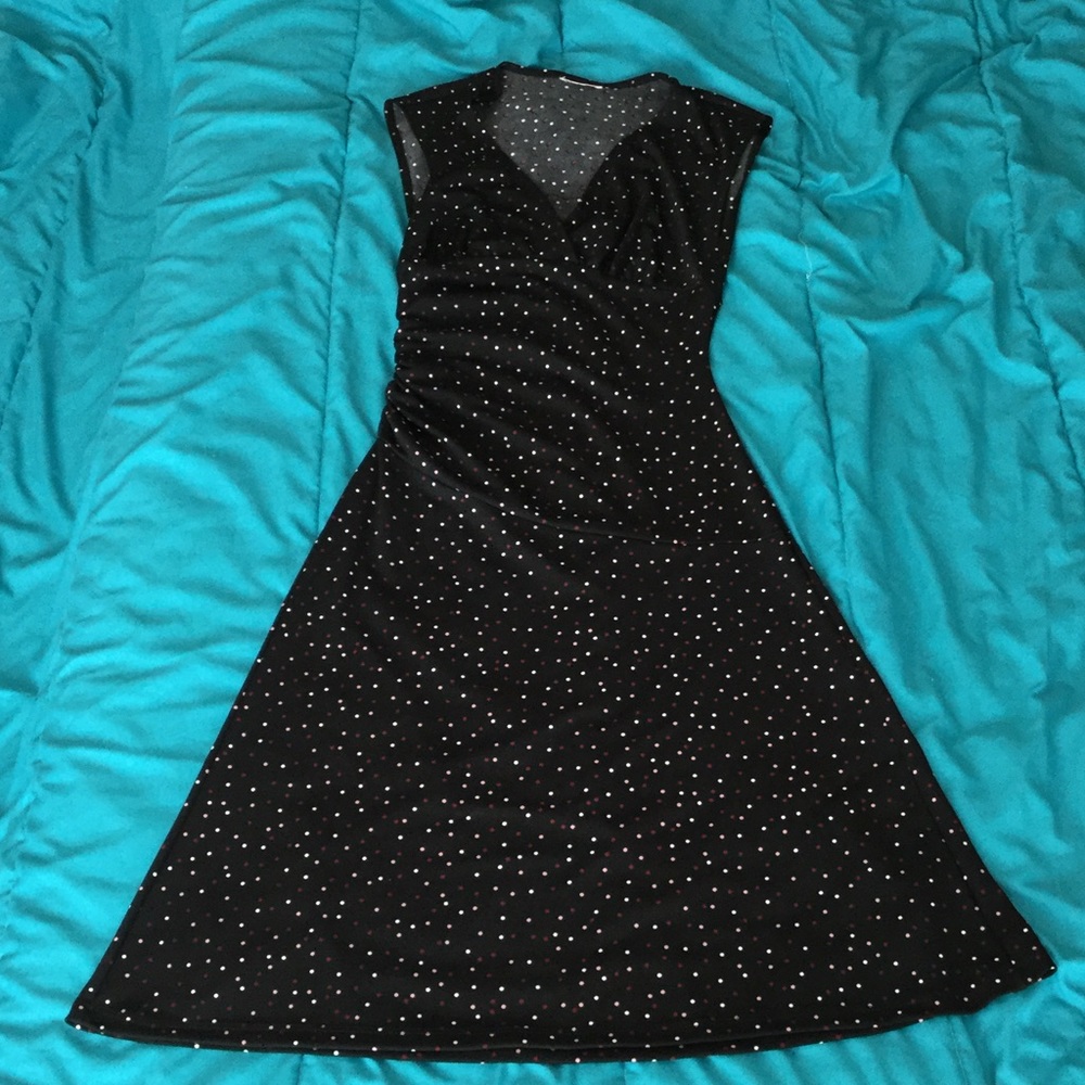 Black dress with pink, red and white dots.
