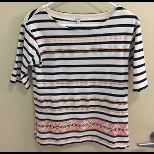 Navy and cream striped J. Crew top with stitching