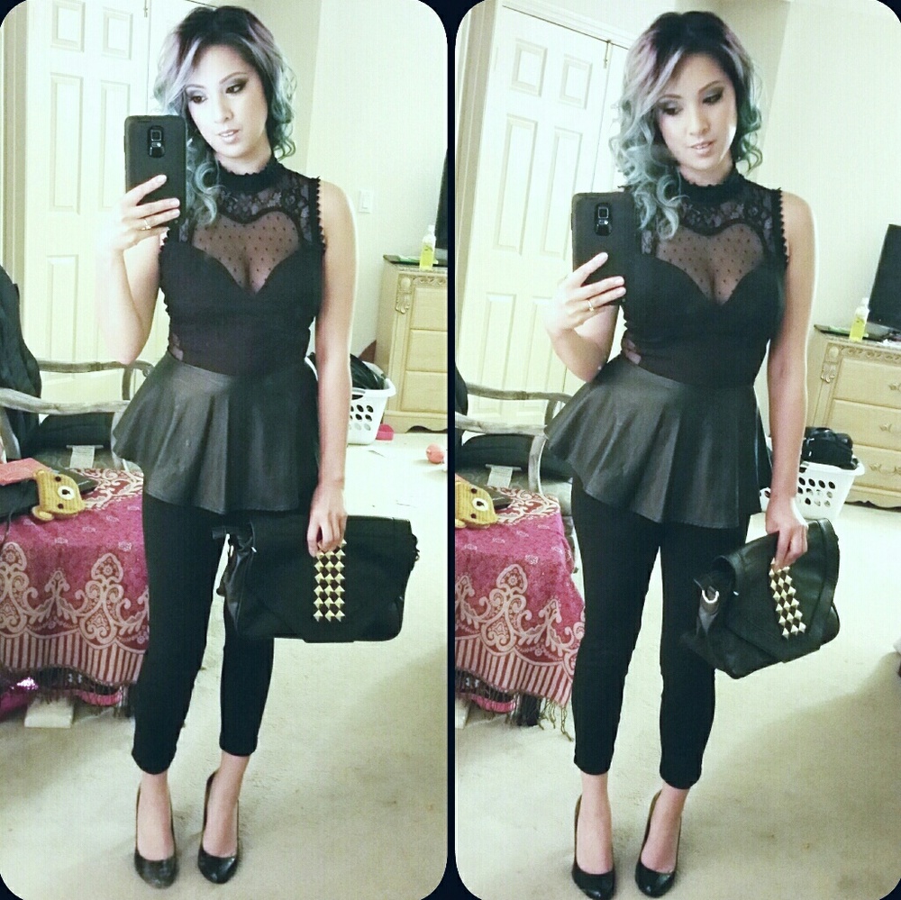 High Neck lace & faux leather Peplum top