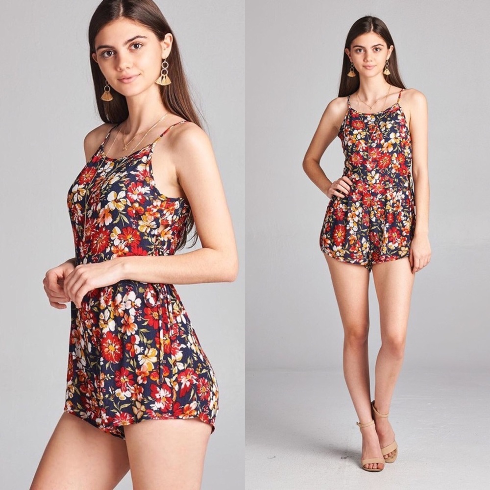 Sleeveless Side Lace Up Navy Floral Romper - Picture 5 of 5