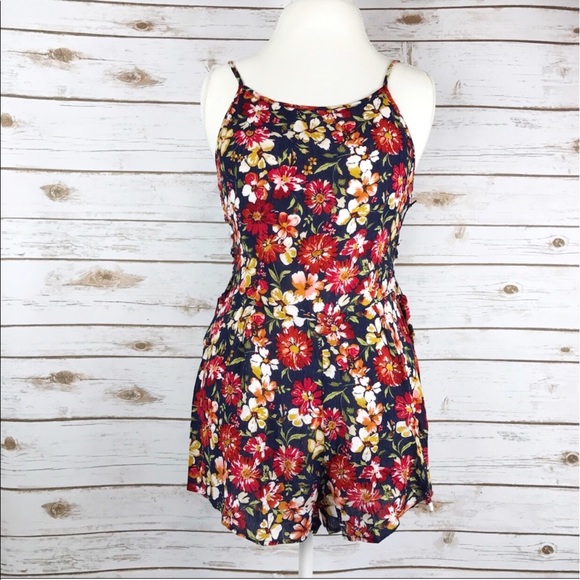 Sleeveless Side Lace Up Navy Floral Romper - Picture 2 of 5