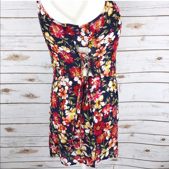 Sleeveless Side Lace Up Navy Floral Romper - Picture 4 of 5