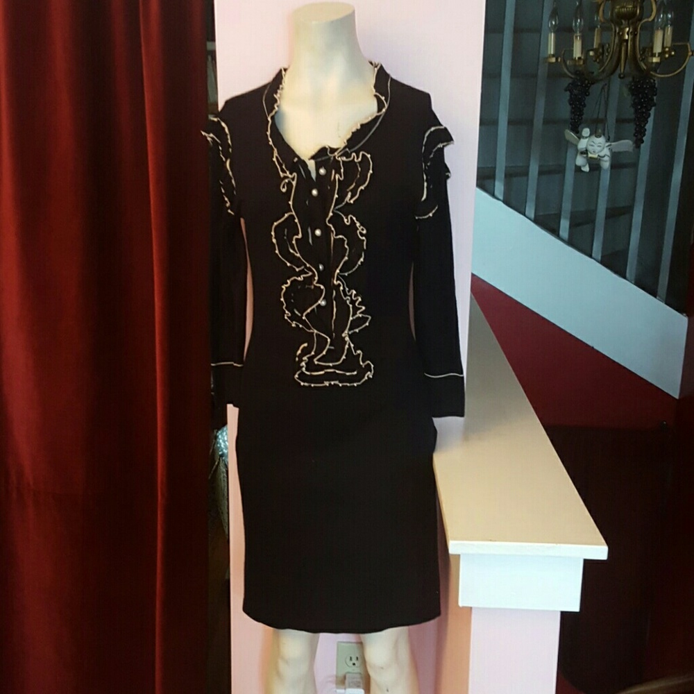 Long sleeve black dress with pearls