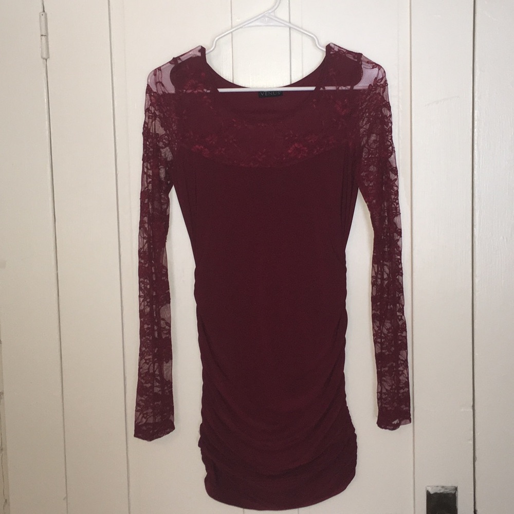 Venus Lace Sleeve Ruched Maroon Dress XS