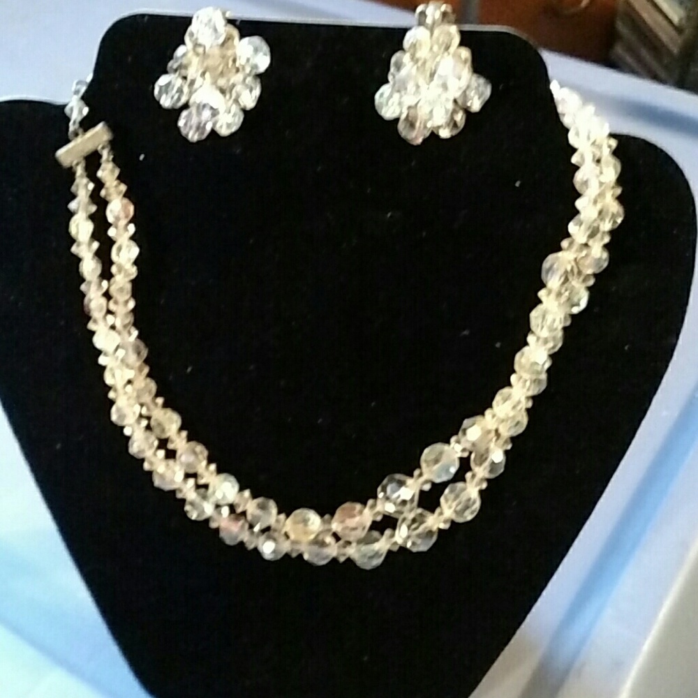 Vintage crystal necklace and clip on earrings.