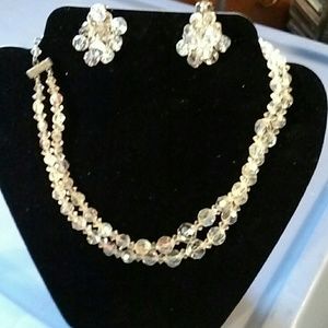 Vintage crystal necklace and clip on earrings.