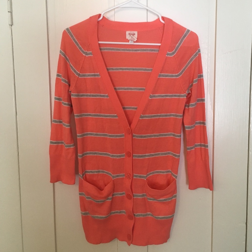 Mossimo Neon Coral and Grey Striped Long Cardigan