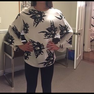 H&M Ivory with black bird satin blouse