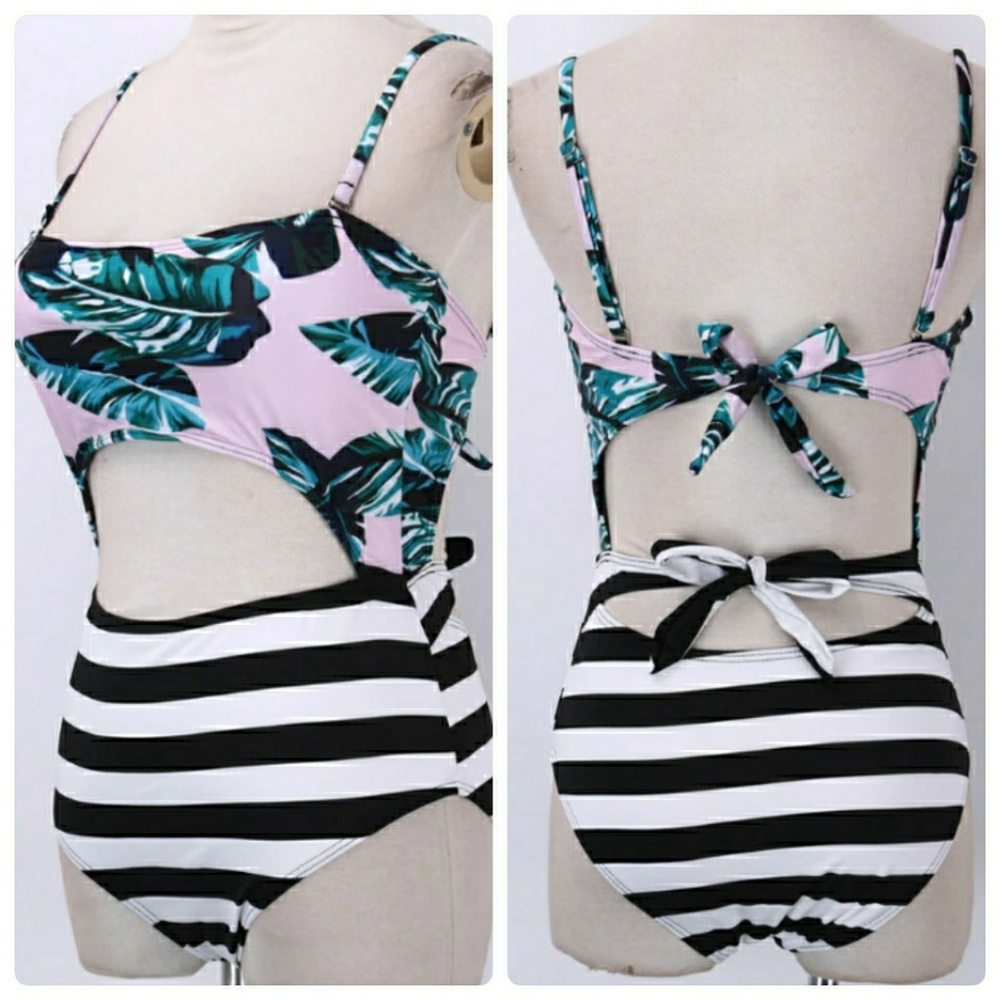 1 LEFT! Tropical Leaf & Stripe Cutout Monokini - Picture 3 of 5