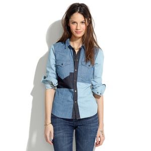NEW MADEWELL WESTERN DENIM SHIRT IN PATCHWORK BLUE