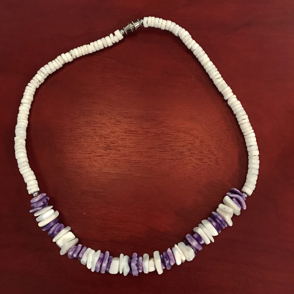 Purple and white shell necklace from Hawaii.