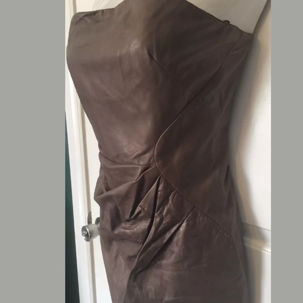 🆕👑 J. Mendel Vintage Designer Walnut Genuine Leather Strapless Classy Dress - Picture 4 of 8