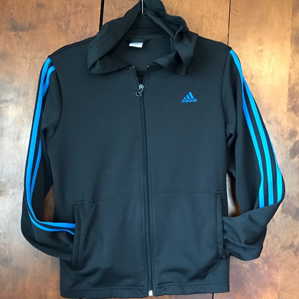 Adidas Blk Climalite 3 blue stripe zip hoodie sz L