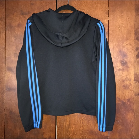 Adidas Blk Climalite 3 blue stripe zip hoodie sz L - Picture 2 of 4