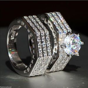 Diamond cluster band wedding ring set 2 pcs size 8