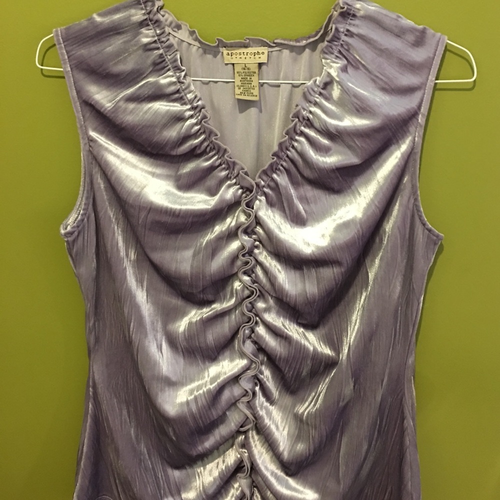 silky , gathered, light purple-almost grey top.