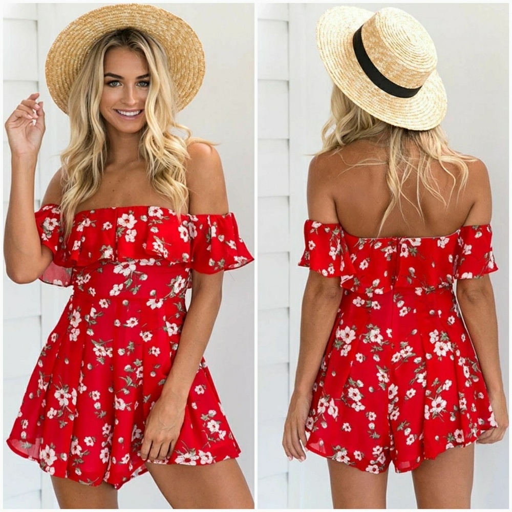 •Restocked• Off the Shoulder Ruffle Top Romper - Picture 4 of 8
