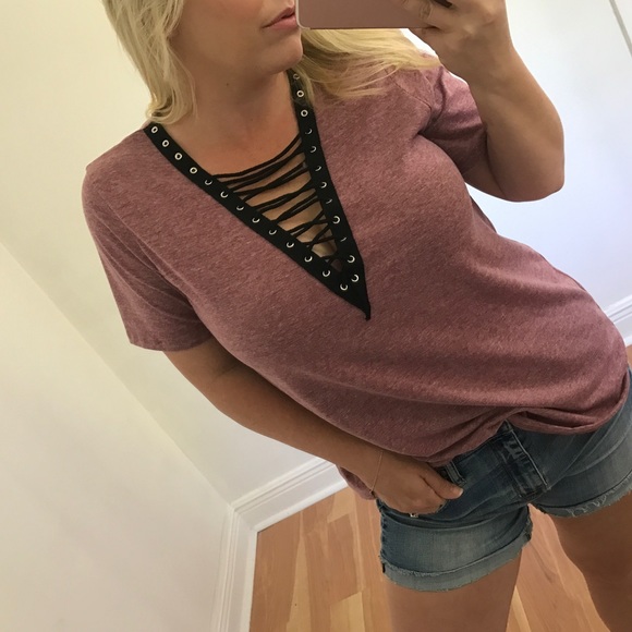 LAST - Re-Stock - Burgundy deep V Tee - Picture 2 of 3