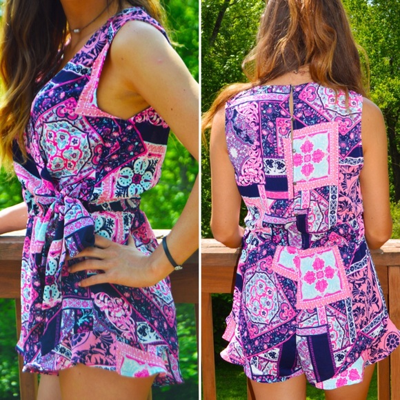 Boutique Sleeveless Pink Purple Tie Waist Romper - Picture 2 of 3