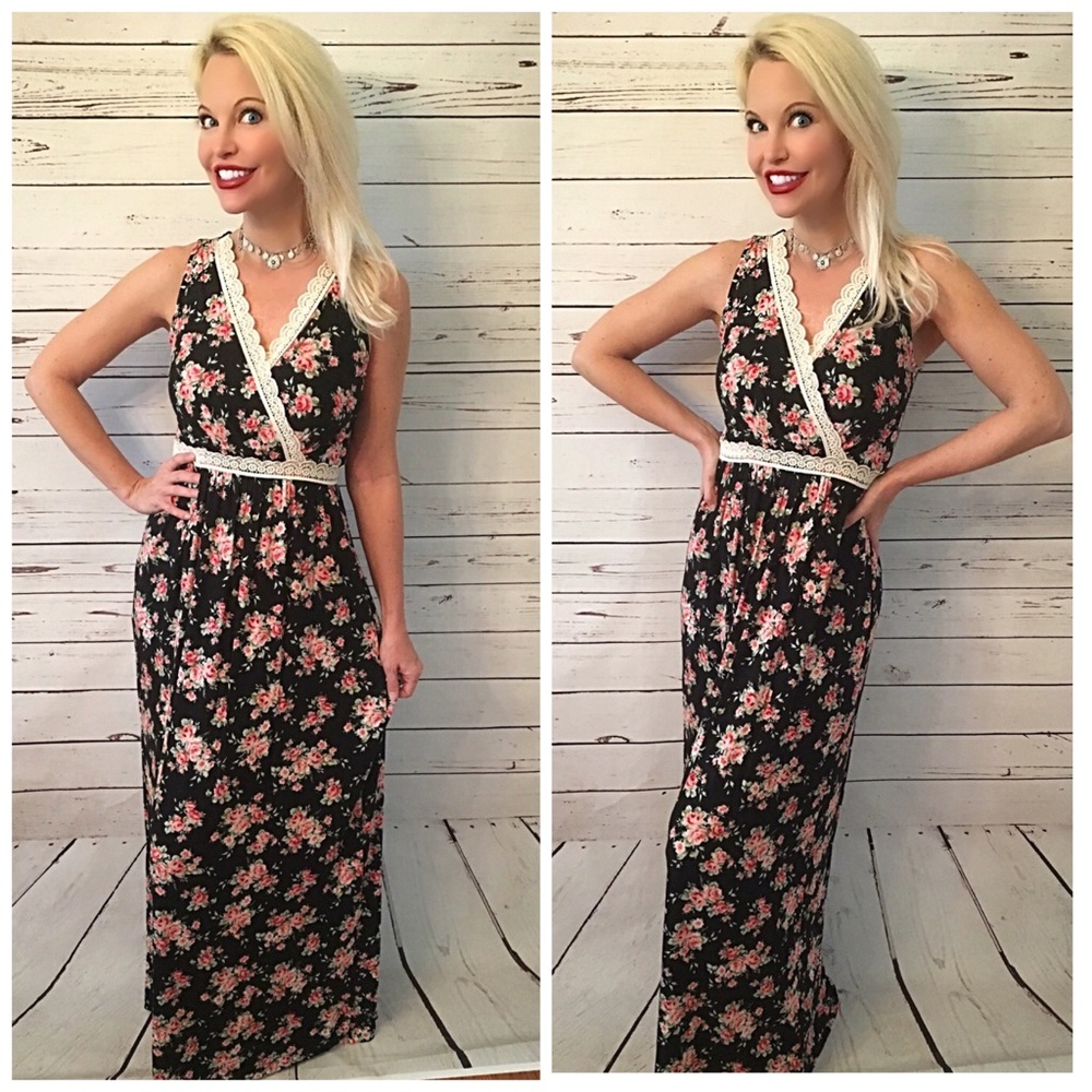 Black floral maxi dress with crochet wrap detail! - Picture 1 of 2