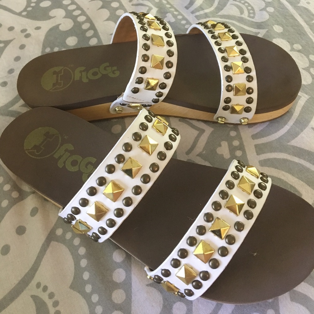 Platform clogs with gold and bronze studs