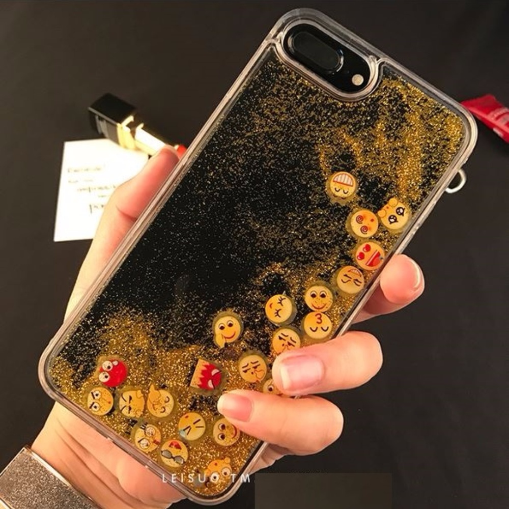 iPhone Gold Emoji Liquid Glitter Case - Picture 1 of 3