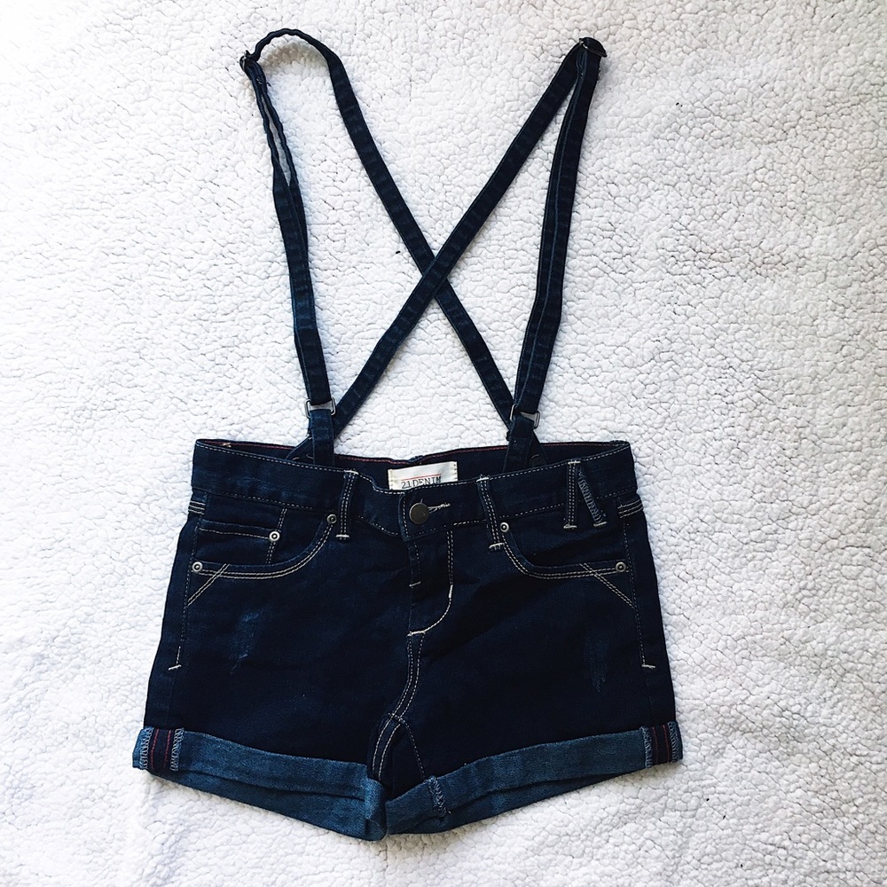 dark denim overall shorts