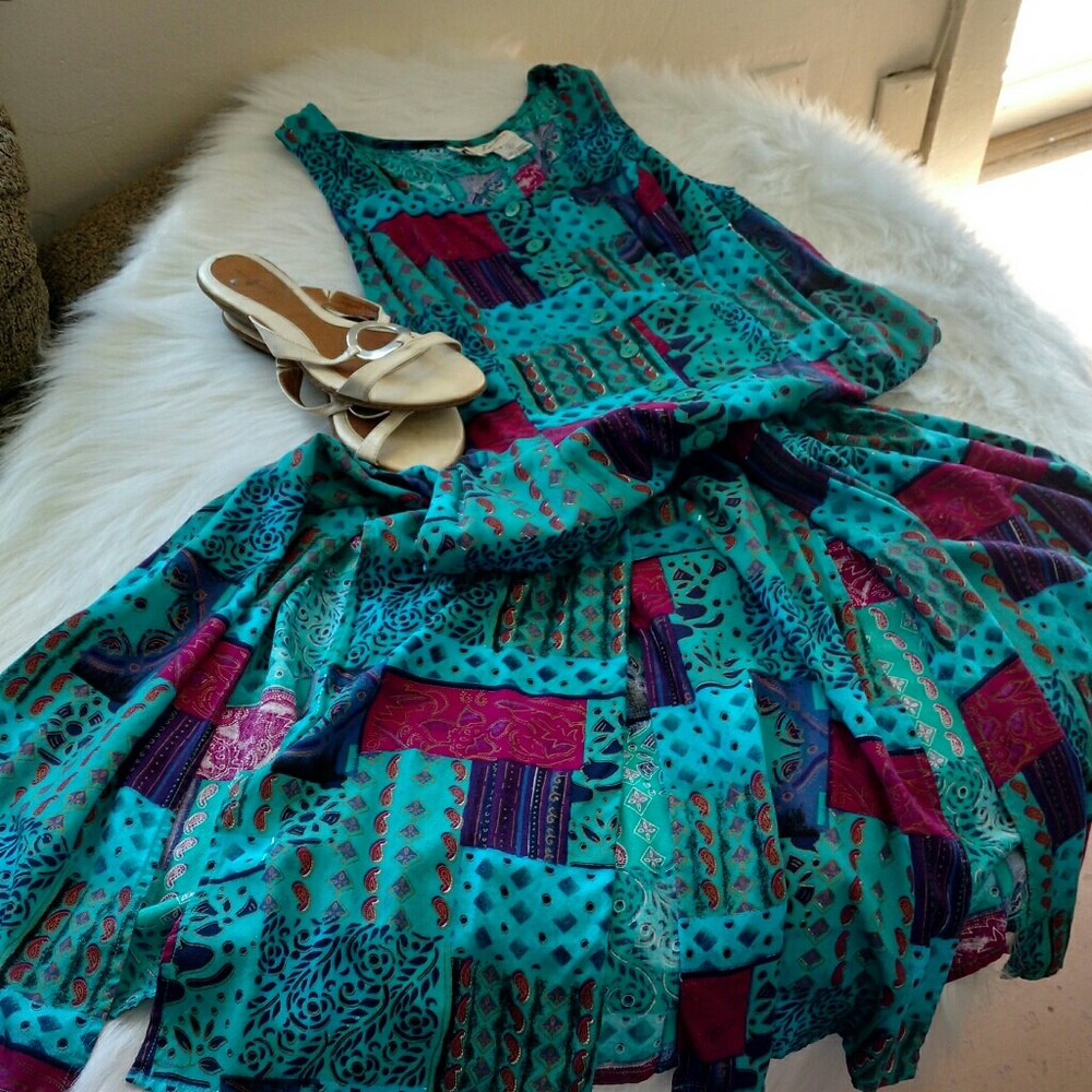 VINTAGE Boho Sleeveless Patch Work Design Front Button Up Maxi Shift Dress - Picture 3 of 14