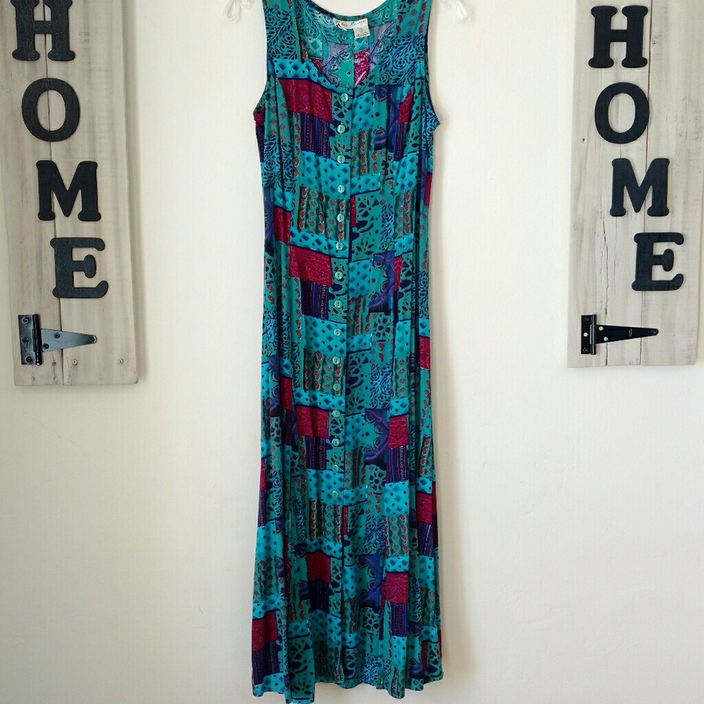 VINTAGE Boho Sleeveless Patch Work Design Front Button Up Maxi Shift Dress - Picture 9 of 14