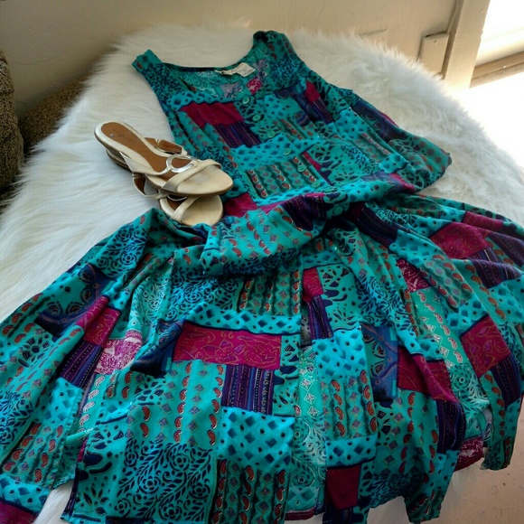 VINTAGE Boho Sleeveless Patch Work Design Front Button Up Maxi Shift Dress - Picture 3 of 14