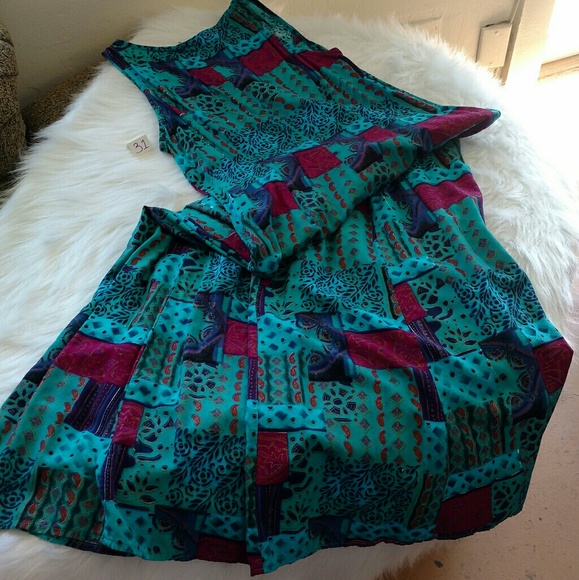 VINTAGE Boho Sleeveless Patch Work Design Front Button Up Maxi Shift Dress - Picture 4 of 14