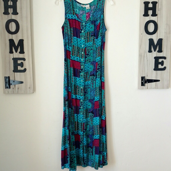 VINTAGE Boho Sleeveless Patch Work Design Front Button Up Maxi Shift Dress - Picture 9 of 14