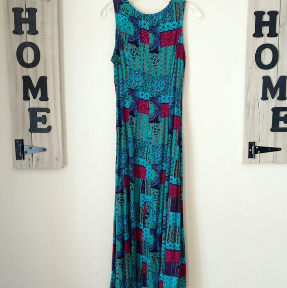 VINTAGE Boho Sleeveless Patch Work Design Front Button Up Maxi Shift Dress - Picture 12 of 14