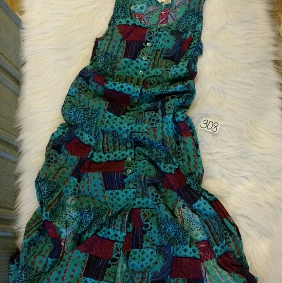 VINTAGE Boho Sleeveless Patch Work Design Front Button Up Maxi Shift Dress - Picture 13 of 14