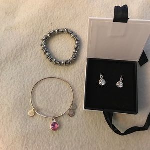 Alex and ani bracelet, silver earrings