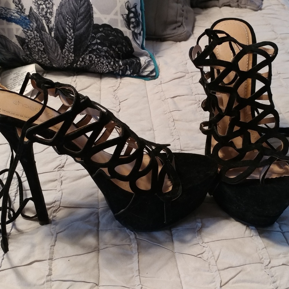 Sexy black ankle wrap heels