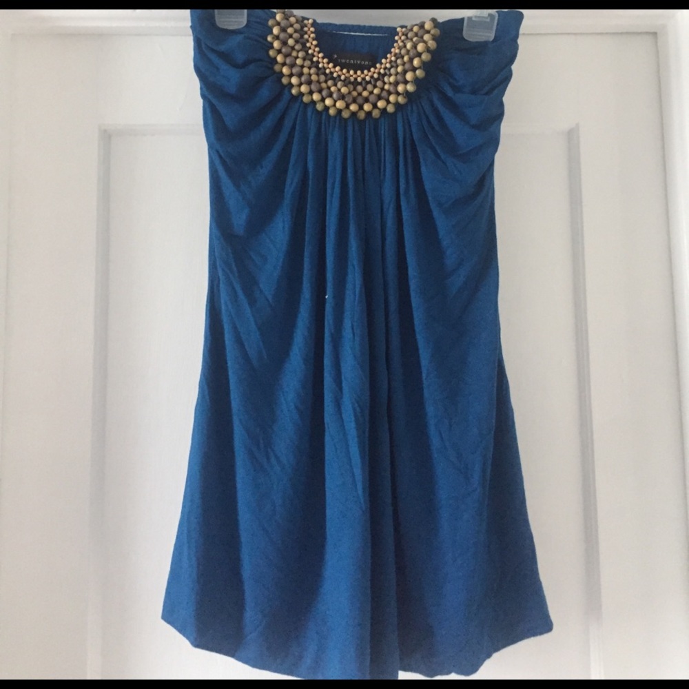 Blue beaded strapless top