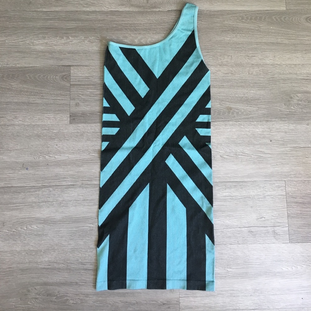 Blue and black over one shoulder dress