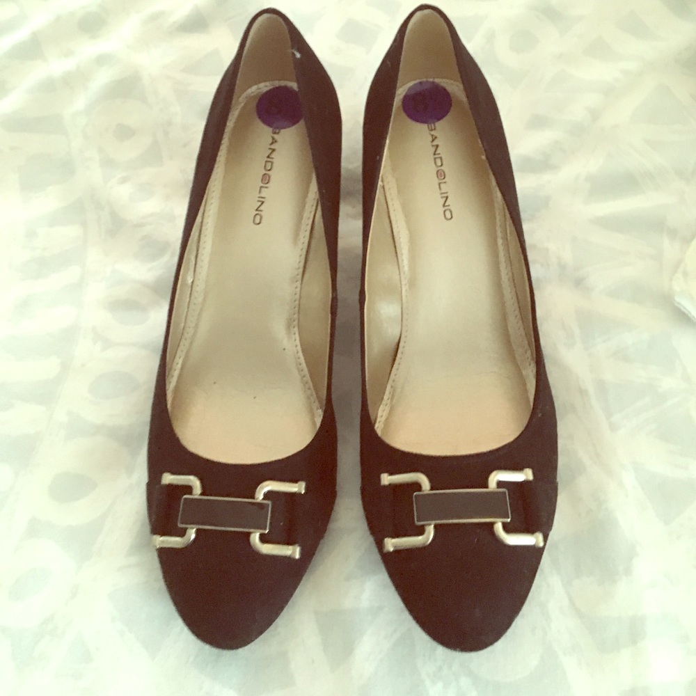 Bandolino black wedge heels with gold buckle, 8.5