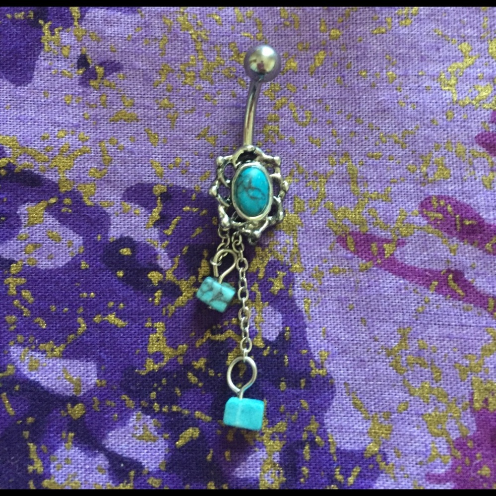 Turquoise Embedded Charm & Dangle Beads Belly Ring