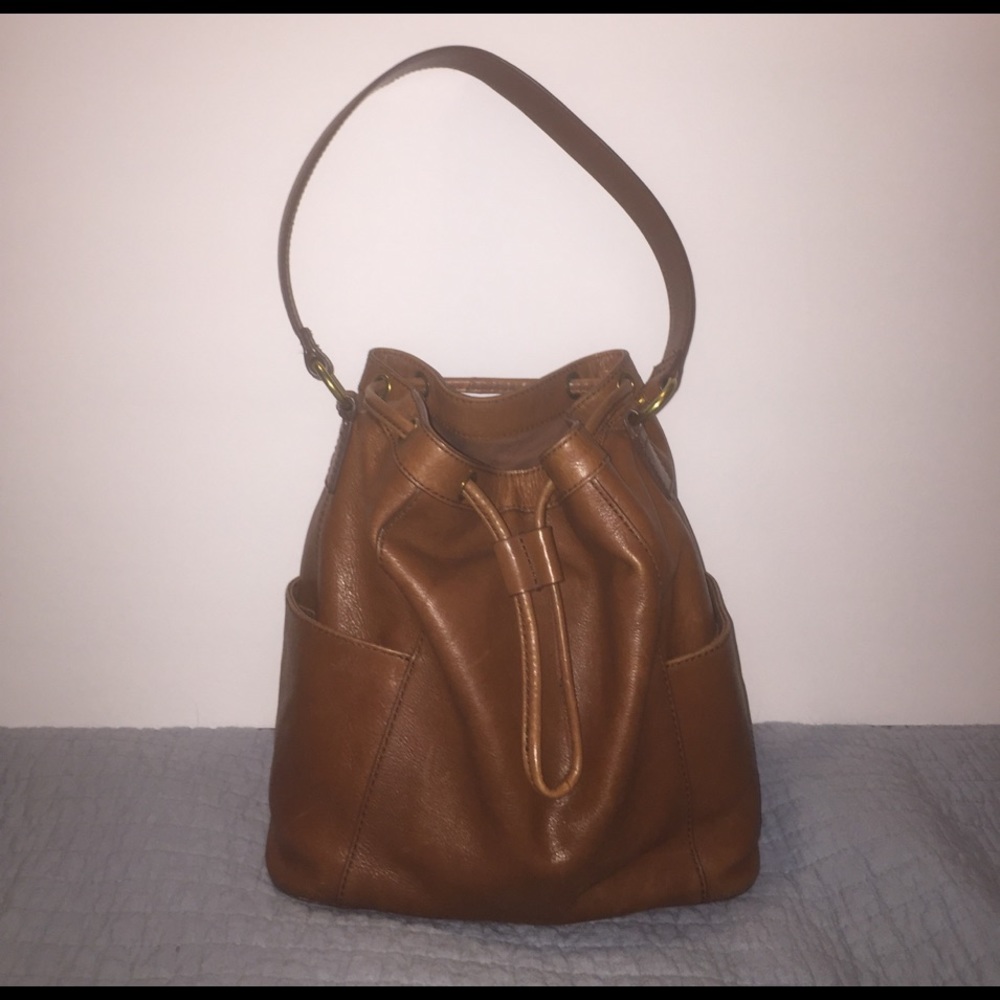Fossil leather drawstring bucket bag