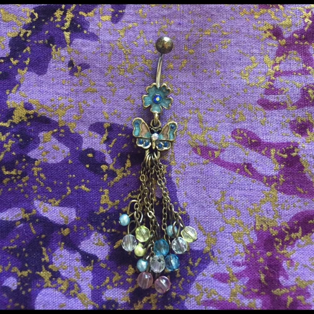 Vintage Flower Butterfly & Bead Dangle Belly Ring