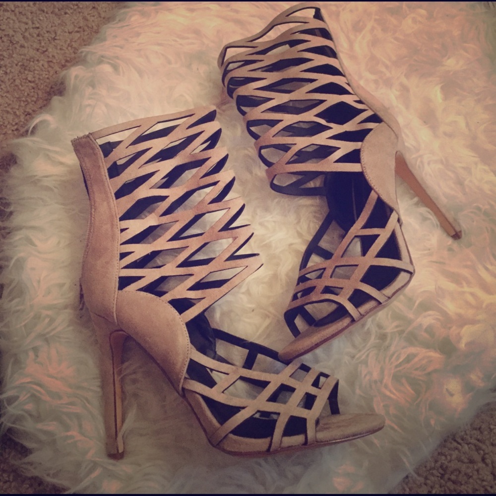 CAMEL SUEDE CAGE HEELS SIZE 8 1/2!!