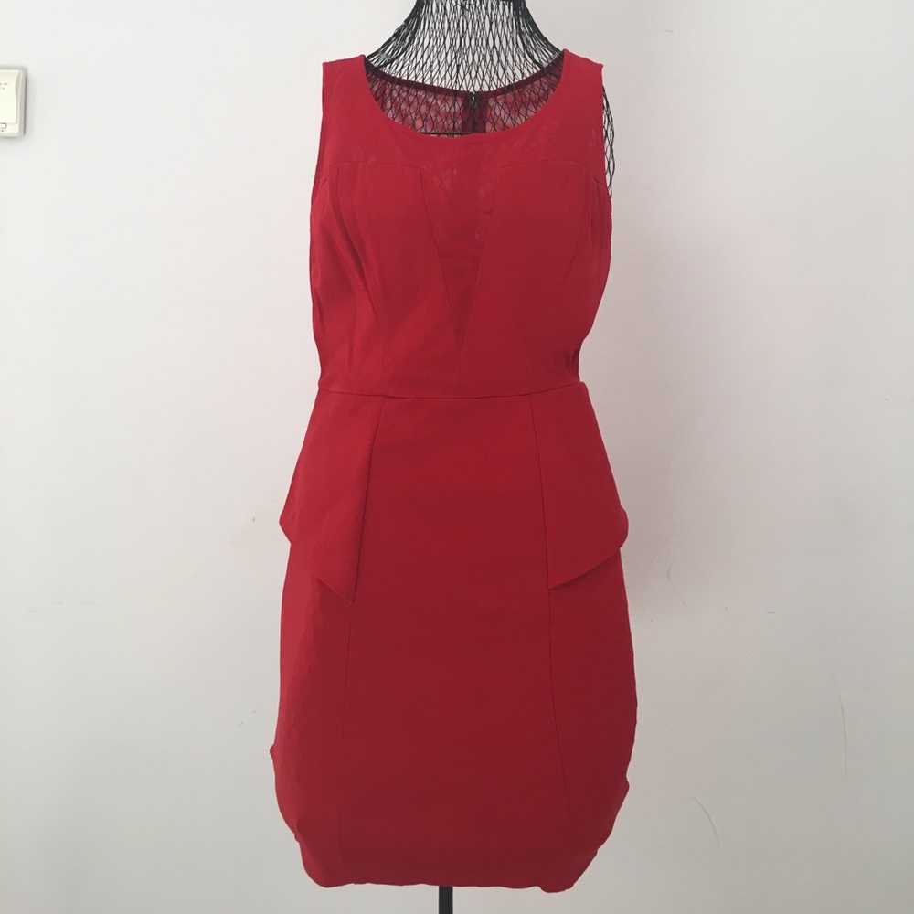 Red Peplum w/ Sheer Detail Dress by Guess