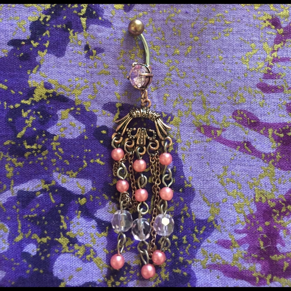 Vintage Navel Ring with Pearl & Bead Drop Dangle