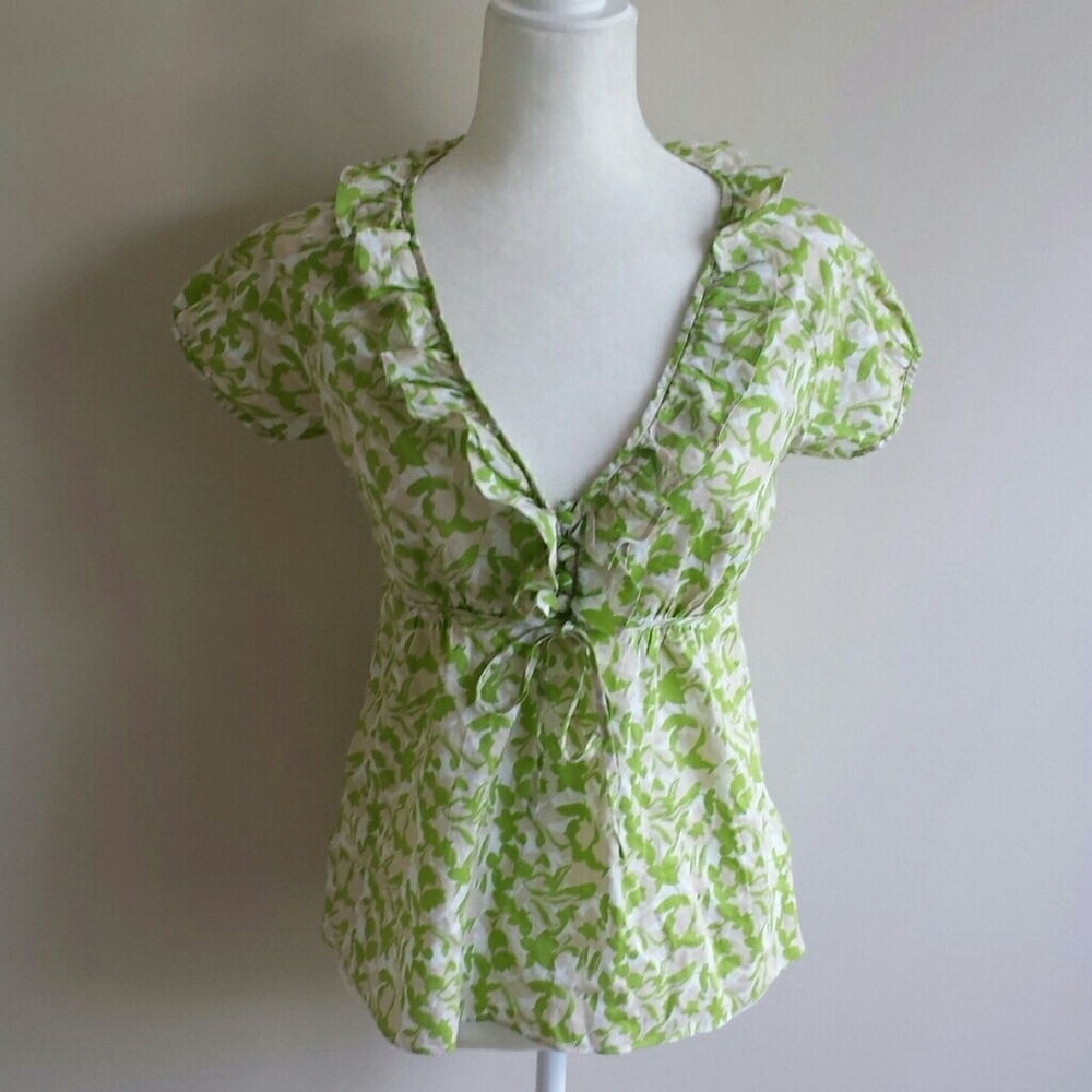J. Crew Factory Size 4 Green Floral Ruffled Blouse