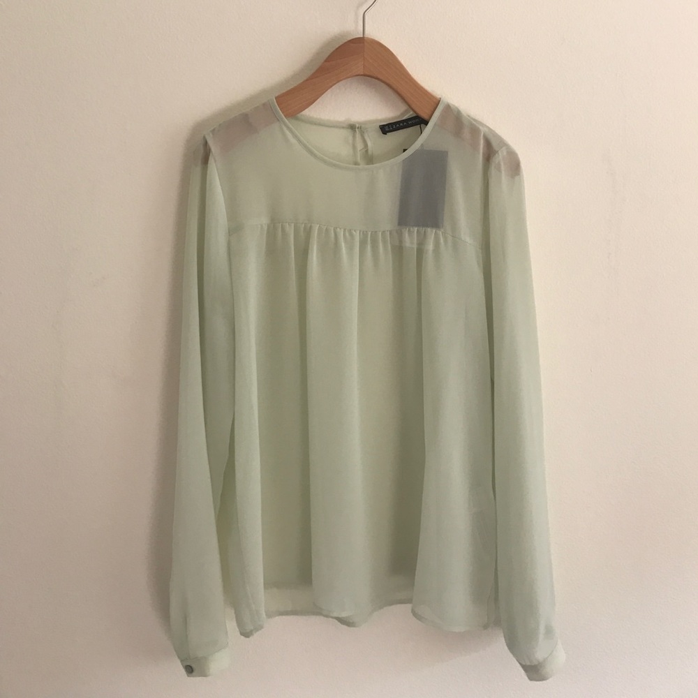 NWT Zara Light Green Sheer Blouse with Back Detail