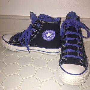 Black and purple high top converse