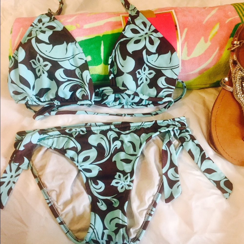 Turquoise & Brown flower pattern tie bikini M