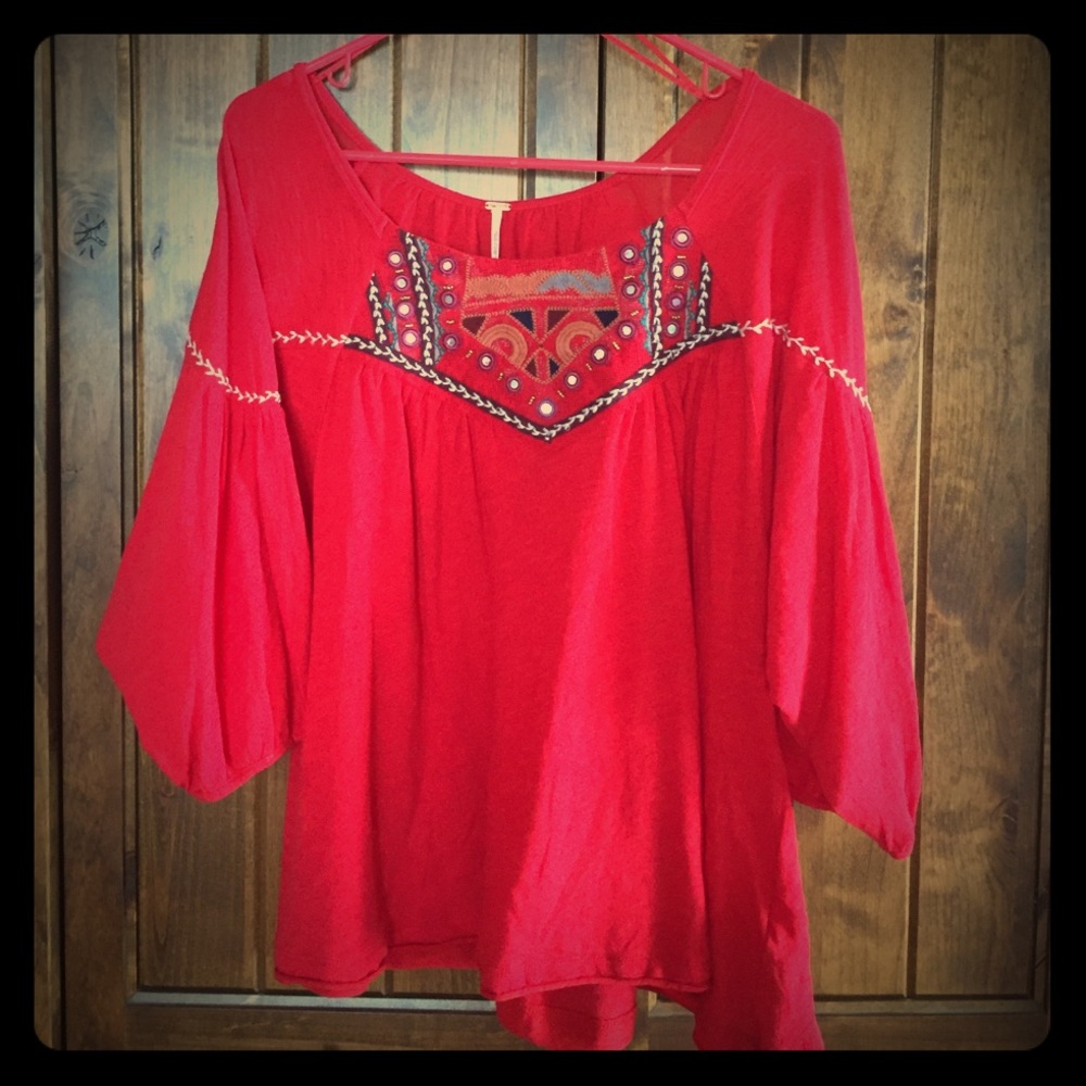 NWT Free People red embroidered boho top